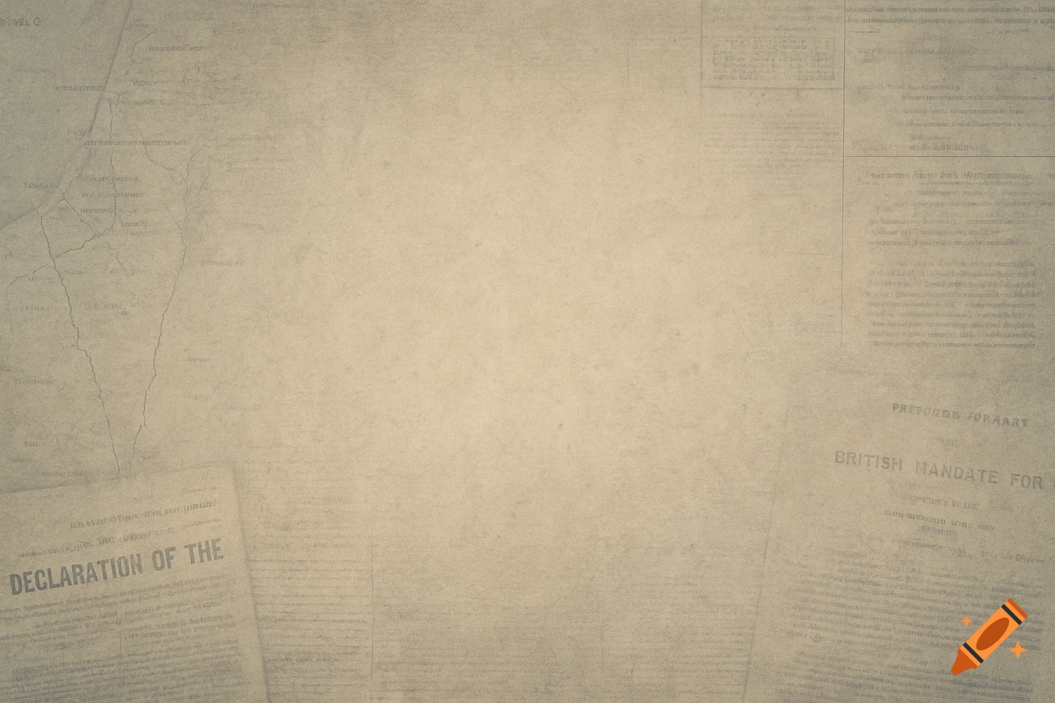 A faded, textured background resembling old parchment, with subtle overlays of historical maps, newspaper clippings, and British Mandate documents in sepia and tan tones.