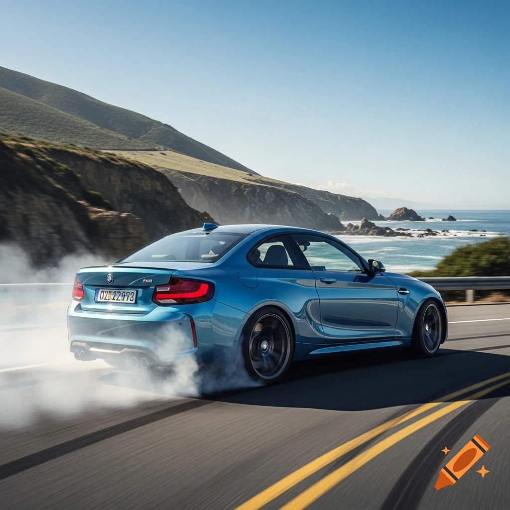 A blue BMW M2 car drifts on a coastal highway, leaving tire smoke, with mountains and the ocean in the background.