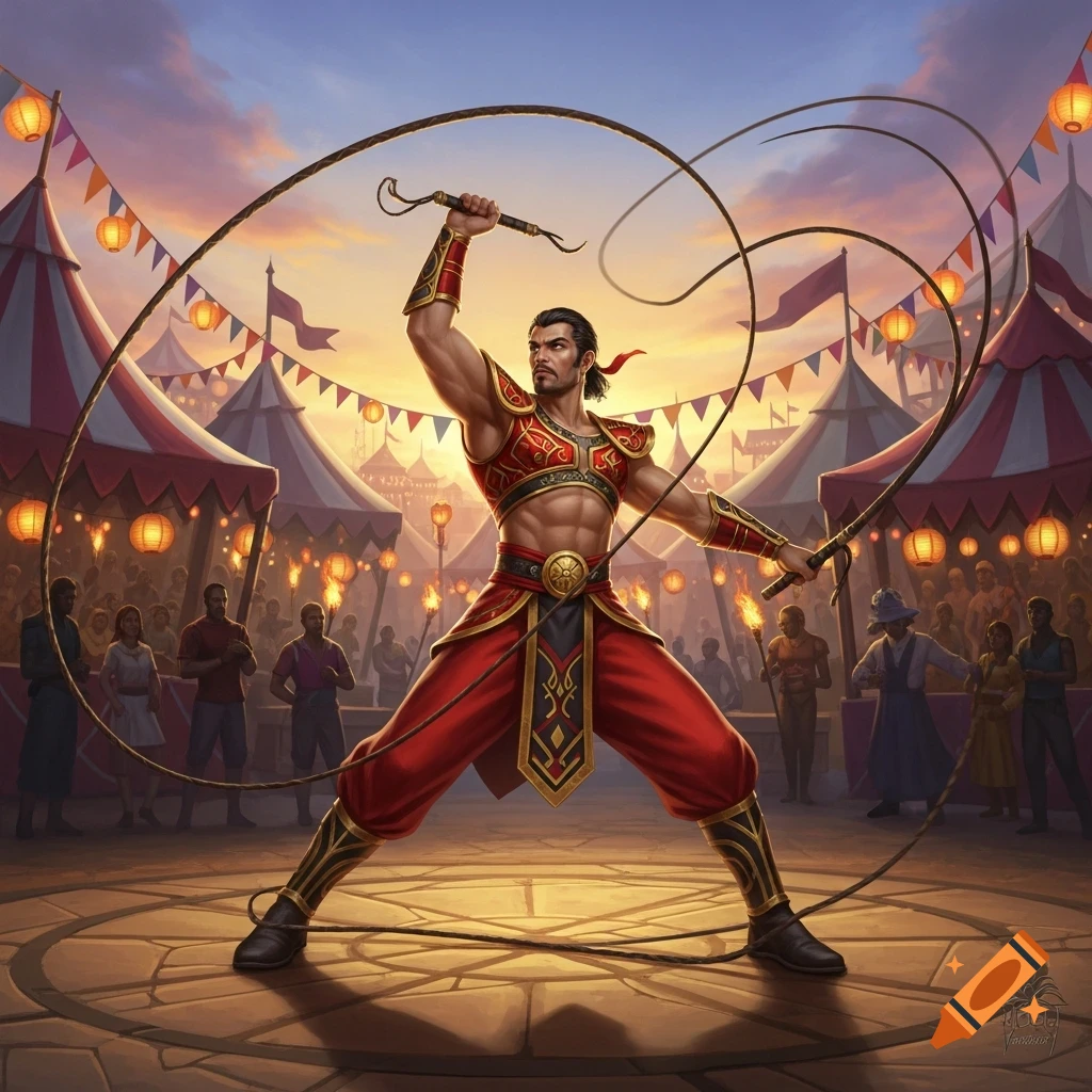 A muscular man in red and gold attire wields two whips in a vibrant circus arena with tents, lanterns, and a crowd.