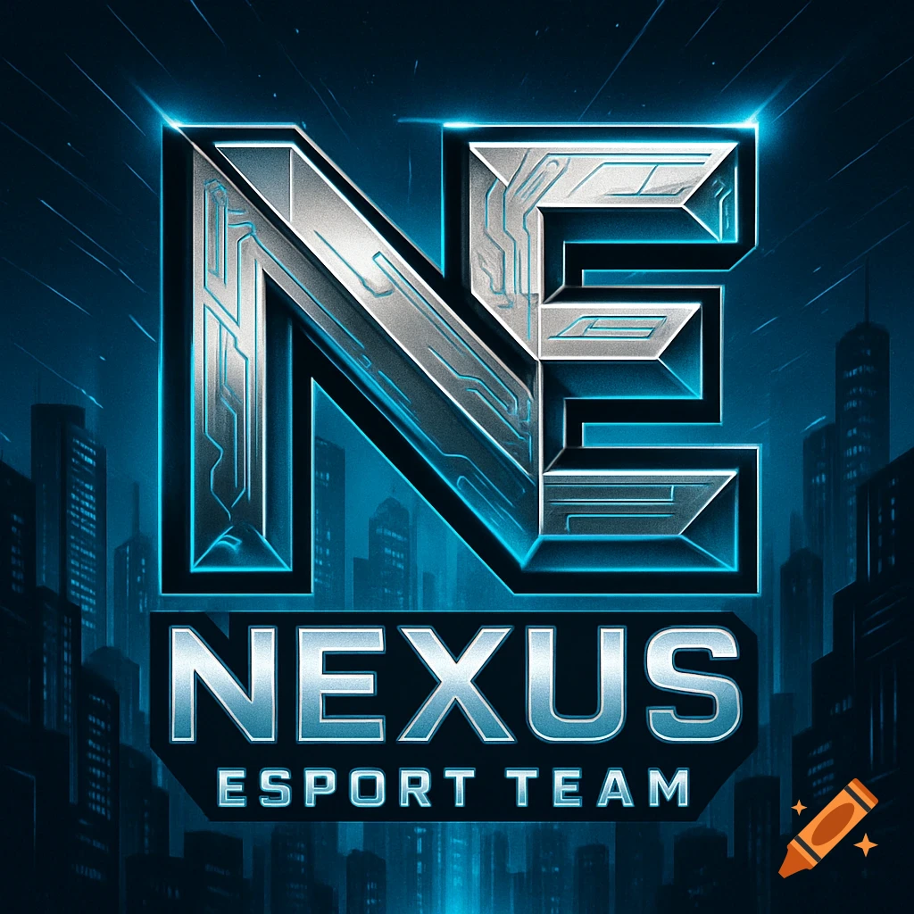 Futuristic esports logo with metallic 'NE', 'NEXUS', 'ESPORT TEAM' text glowing blue against a dark city skyline.