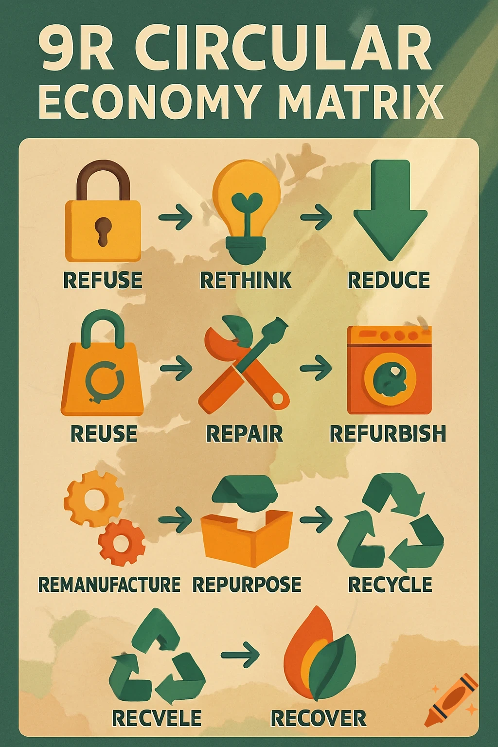 An infographic illustrating the '9R Circular Economy Matrix' with icons and text: Refuse, Rethink, Reduce, Reuse, Repair, Refurbish, Remanufacture, Repurpose, Recycle, and Recover, featuring one misspelling.