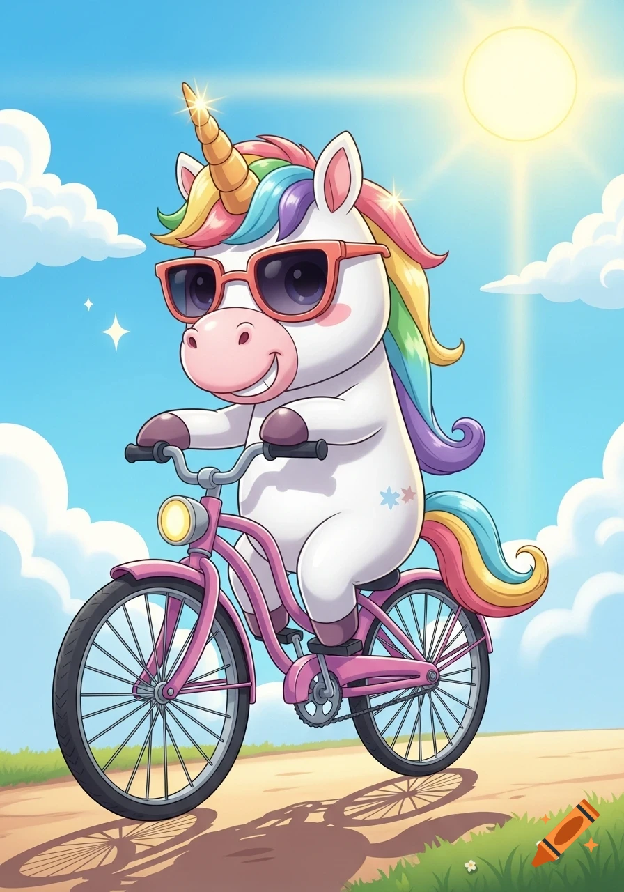 A cute cartoon unicorn wearing sunglasses rides a pink bicycle on a sunny day.