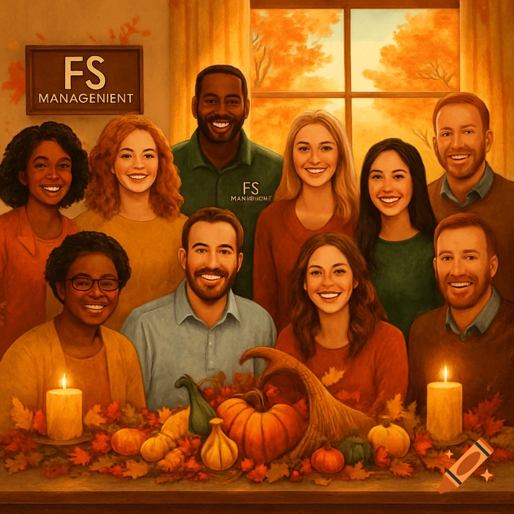 A diverse group of smiling people gathered around a table decorated with Thanksgiving-themed items like pumpkins, candles, and autumn leaves, in a warm, painterly style.