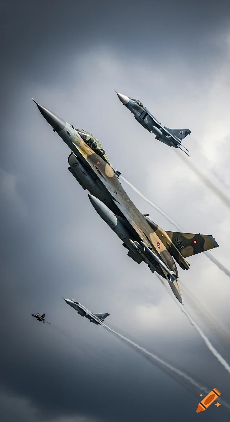 A Turkish Air Force F-16 jet with missiles mounted flies above a Russian Su-24 jet, leaving contrails in a dramatic cloudy sky.