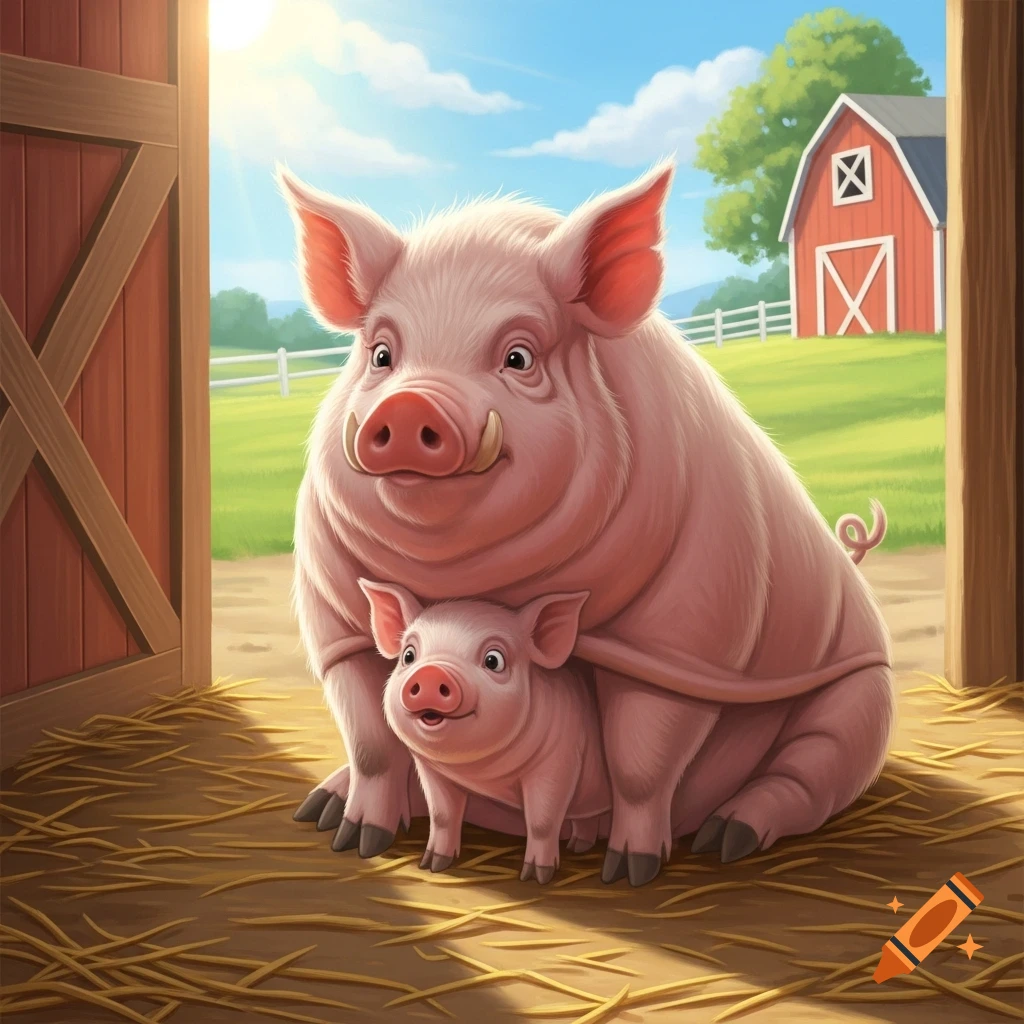 A cartoon mother pig with tusks and her piglet nestled under her, sitting on hay in a barn with a red barn and green field in the sunny background.
