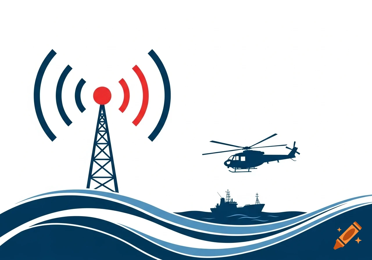 A stylized illustration featuring a radio tower with red and blue signal waves, a dark blue helicopter, a ship, and blue ocean waves.