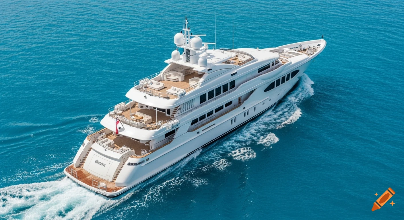 A luxurious white multi-deck mega yacht with outdoor lounges glides across clear blue ocean water, leaving a white wake.