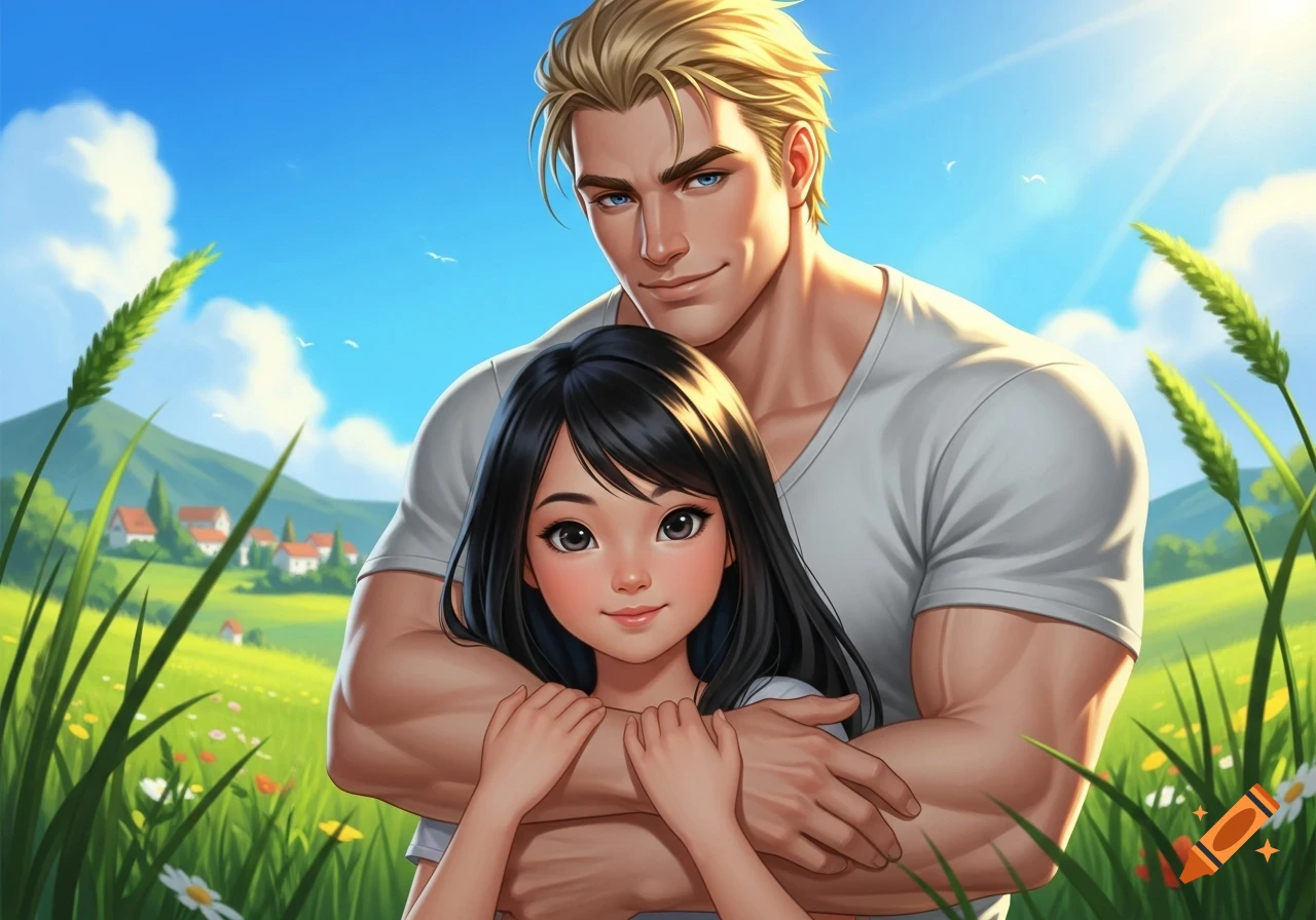 An anime illustration of a muscular blonde man hugging a young woman with black hair in a sunny green field.
