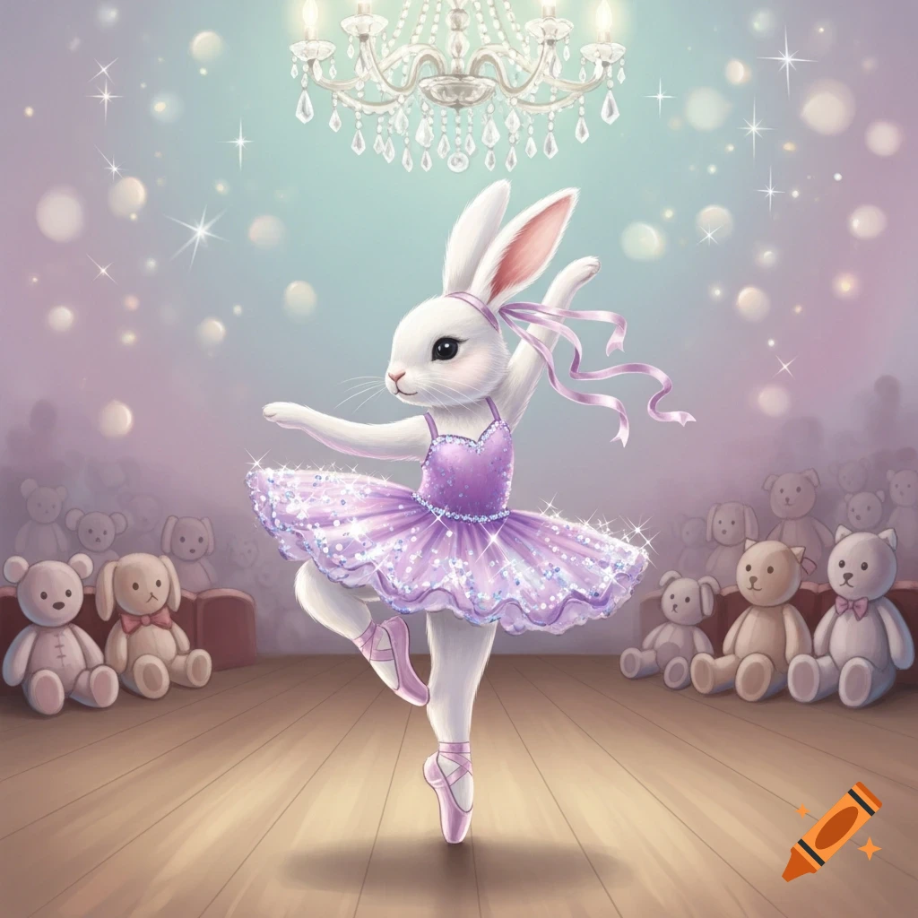A cute white bunny ballerina in a sparkly purple tutu and pink pointe shoes dances on a stage under a chandelier, with teddy bears watching.