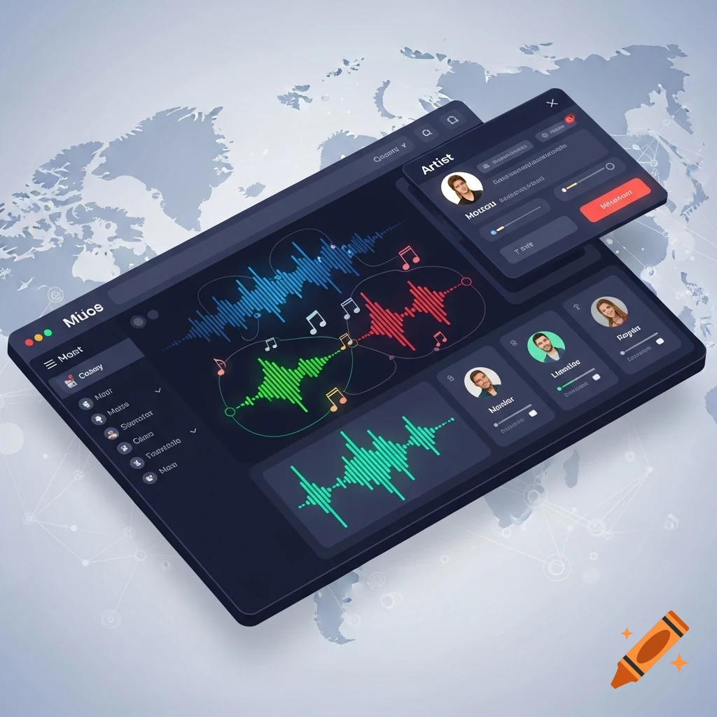 Isometric view of a dark-themed music collaboration website UI with waveforms, user profiles, and menu on a world map background.