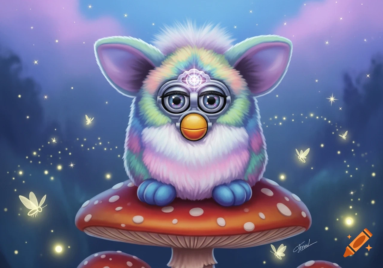 A pastel rainbow-colored Furby with large ears and a decorative third eye sits on a red mushroom among glowing fireflies in a magical night sky.