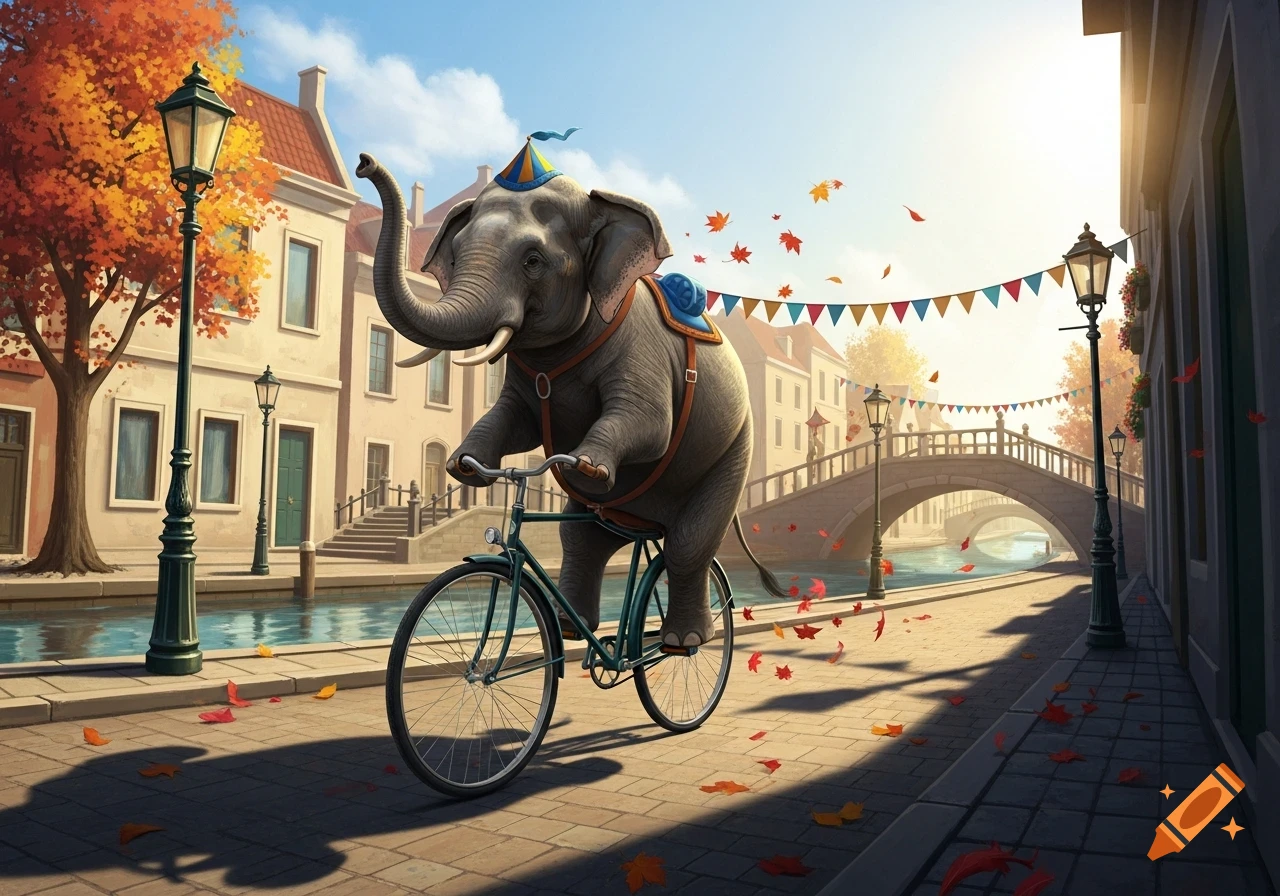 A whimsical elephant wearing a party hat rides a bicycle on a cobblestone street by a canal, with autumn leaves falling and colorful bunting overhead.
