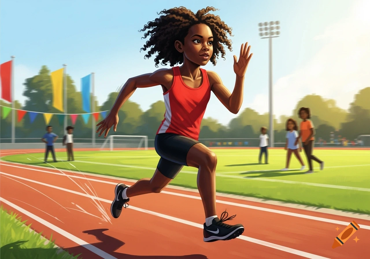 A young Black girl with curly hair runs on an athletic track, wearing a red tank top and black shorts. Other children are in the blurred background.