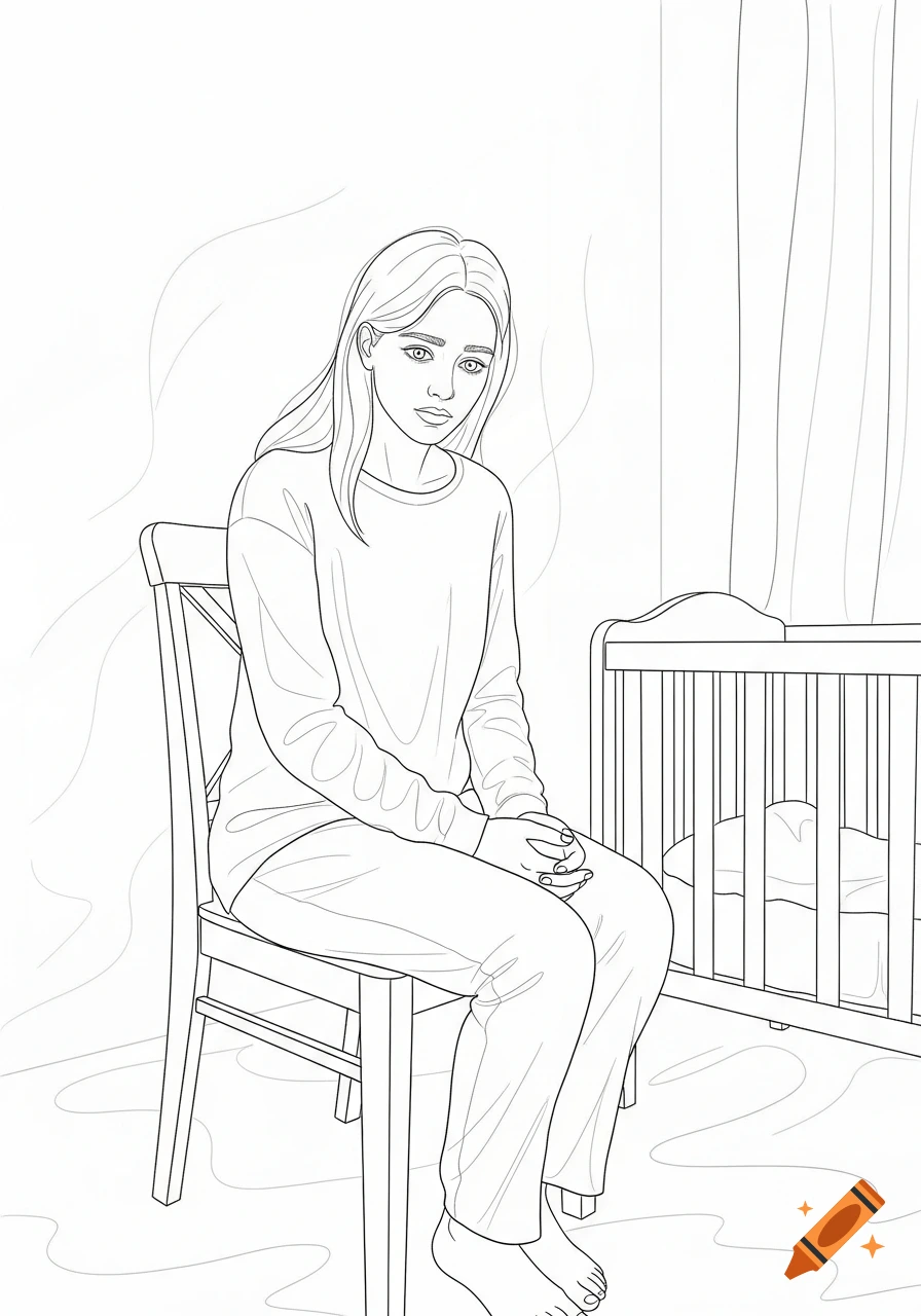 Line art drawing of a somber woman in pajamas sitting on a chair next to a baby crib.
