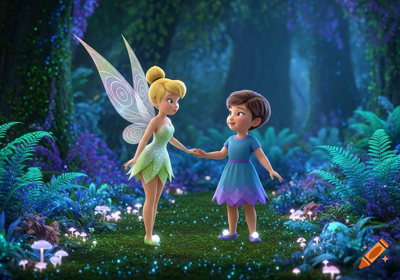 Animated fairy and a young girl hold hands in an enchanting, glowing forest.