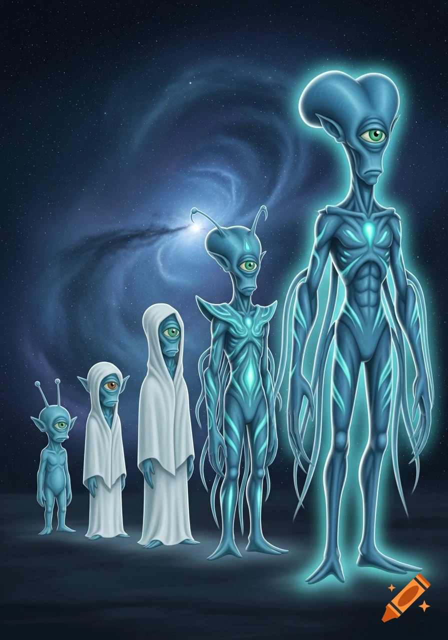 An illustration of five blue, one-eyed aliens in an evolutionary line against a starry blue space background.