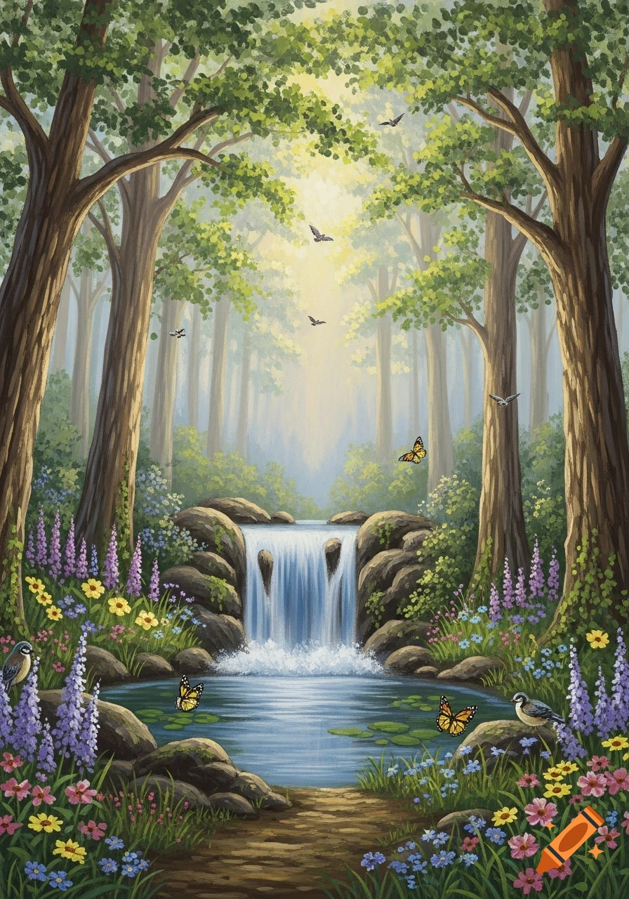 Vibrant painting of a lush forest with a waterfall flowing into a pond, surrounded by colorful wildflowers, butterflies, and birds.
