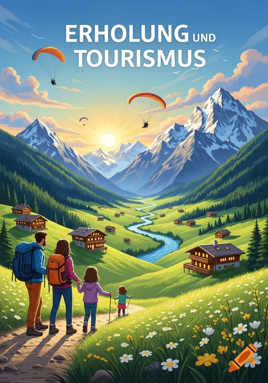 Illustration of a family hiking in a vibrant mountain valley with a winding river, houses, and paragliders, below text 'ERHOLUNG UND TOURISMUS'.