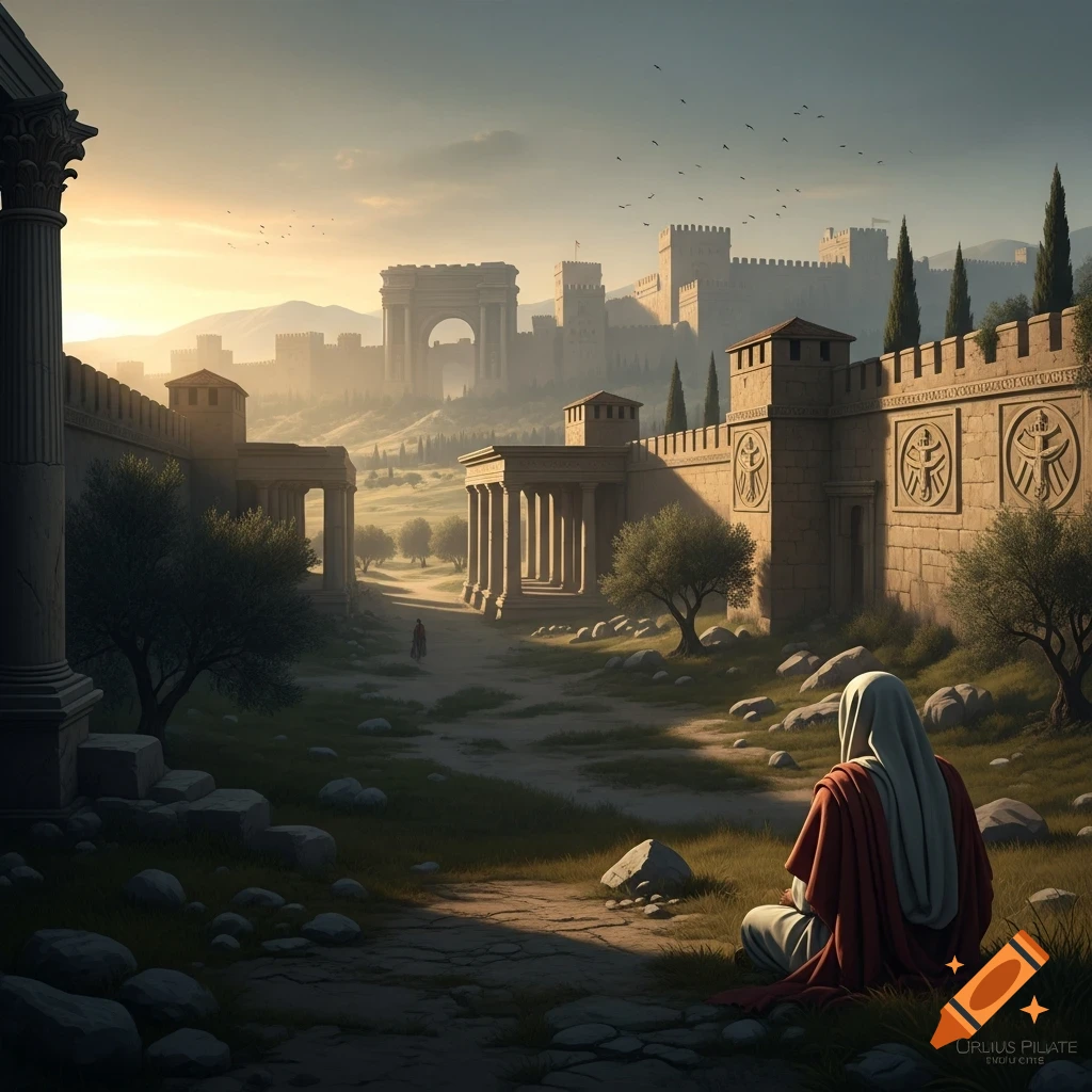 A robed figure sits overlooking an ancient city with classical architecture and defensive walls at sunset.