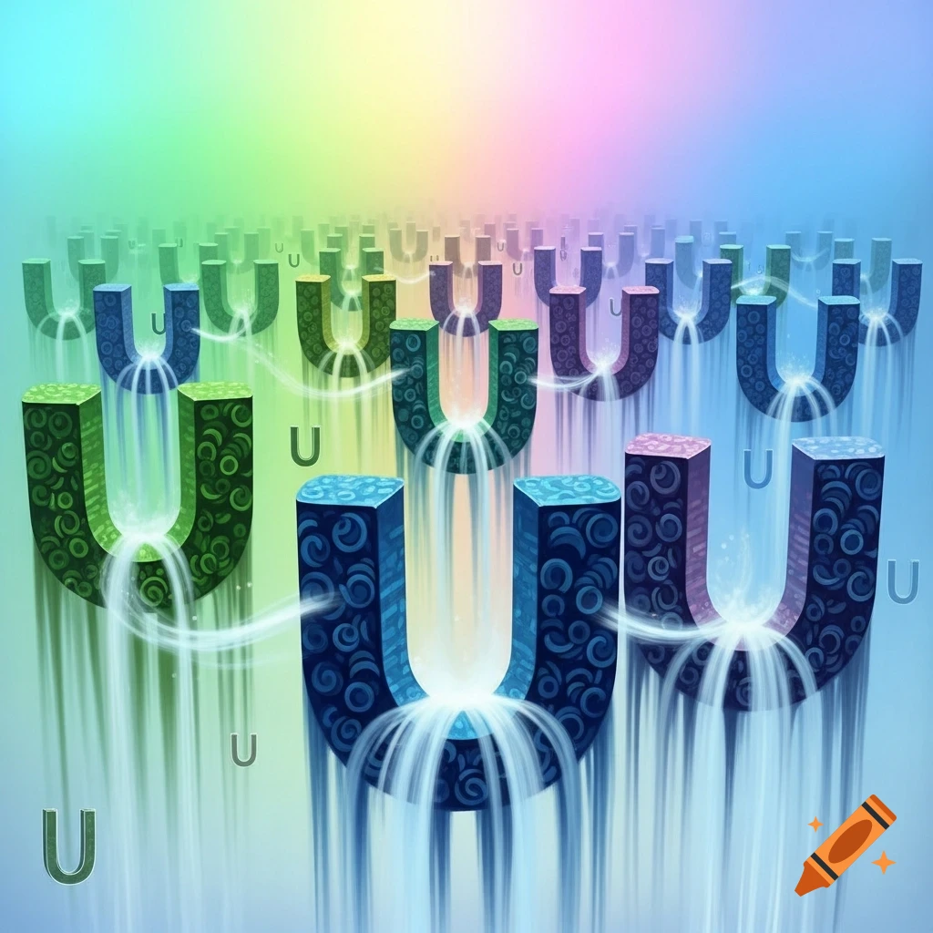 A vibrant abstract image featuring many stylized 'U' shapes with water flowing through them, set against a colorful rainbow gradient background.