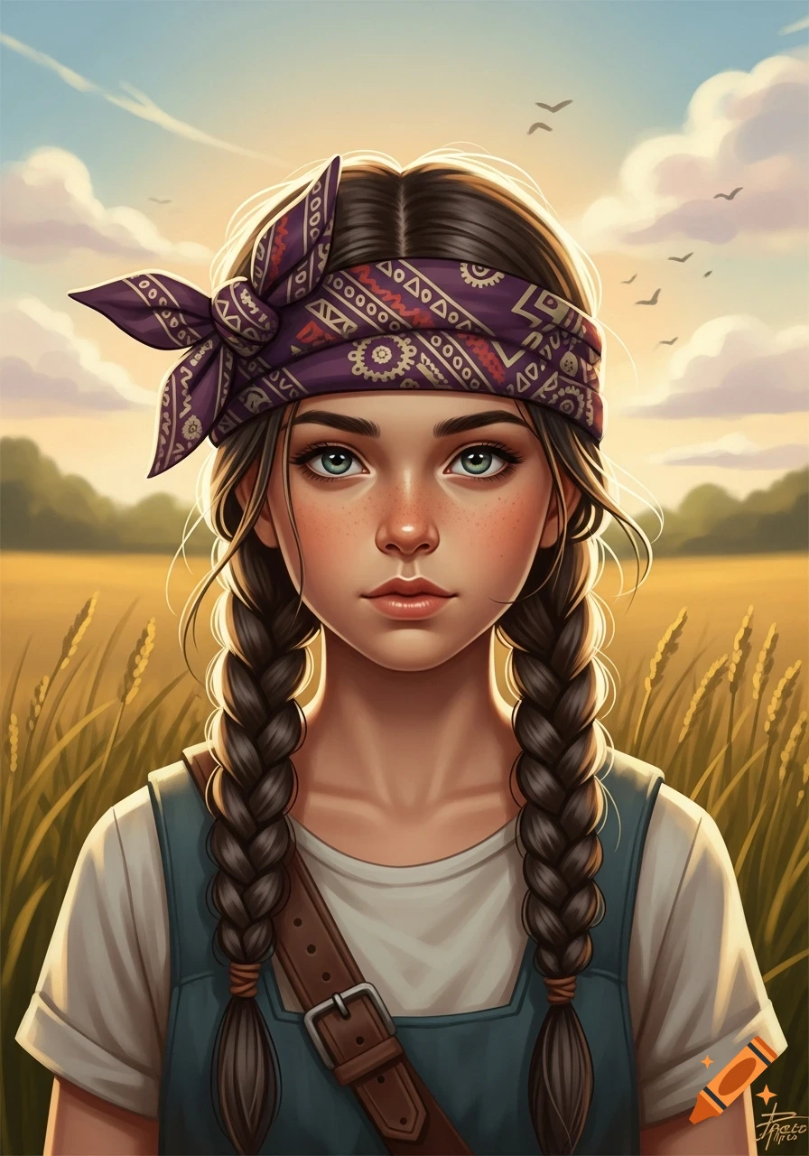 Digital illustration of a girl with two long braids and a patterned purple bandana, standing in a golden wheat field under a blue sky.