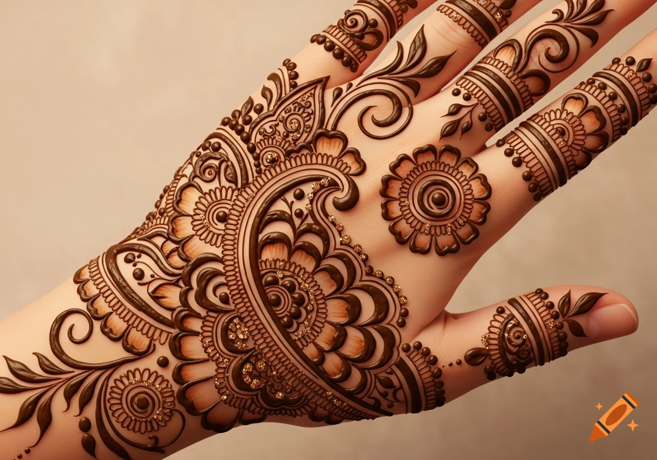 Close-up of a hand adorned with intricate brown Mehandi (henna) patterns and small golden embellishments.