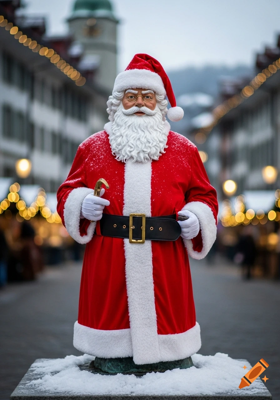 A photorealistic statue of Santa Claus stands in a snowy old town with festive lights in the background.