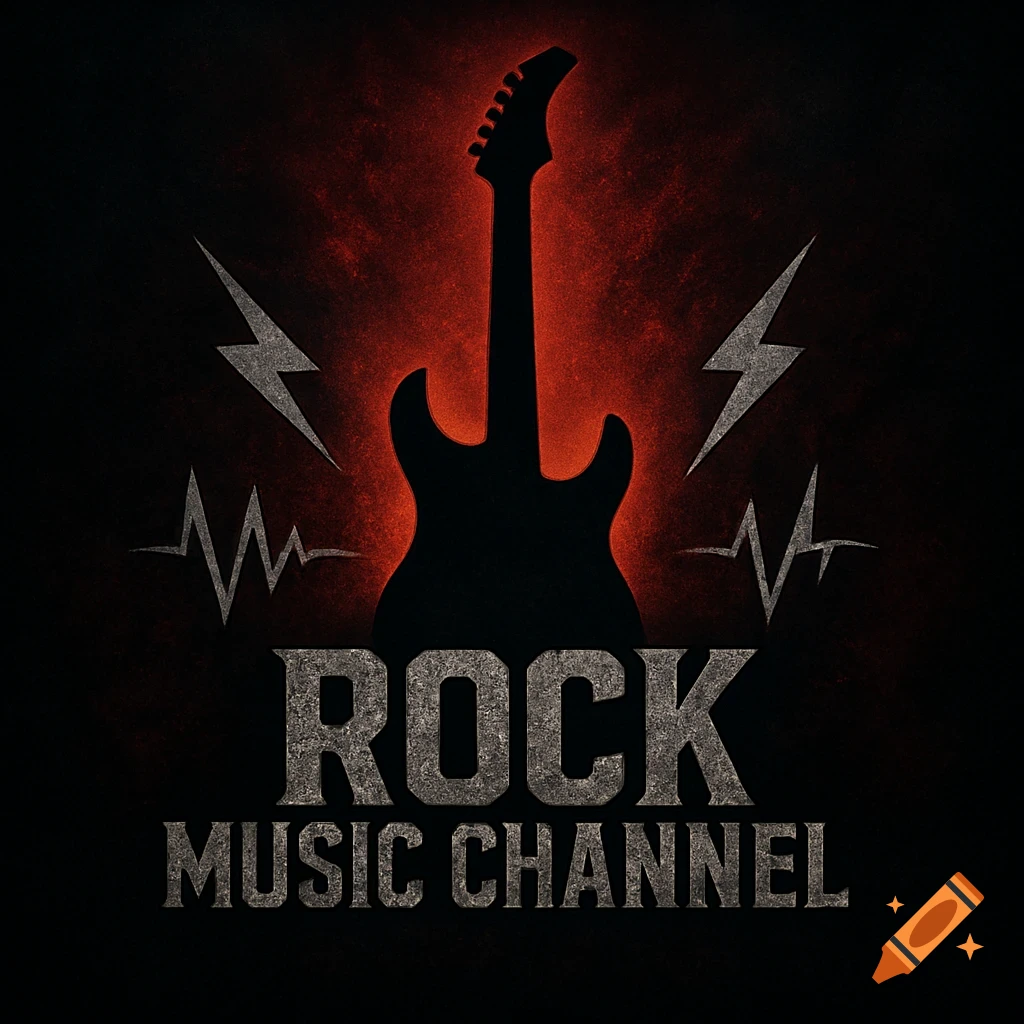 Rock music logo with a black electric guitar silhouette against a red grunge background, flanked by gray lightning bolts. Text reads 'ROCK MUSIC CHANNEL'.