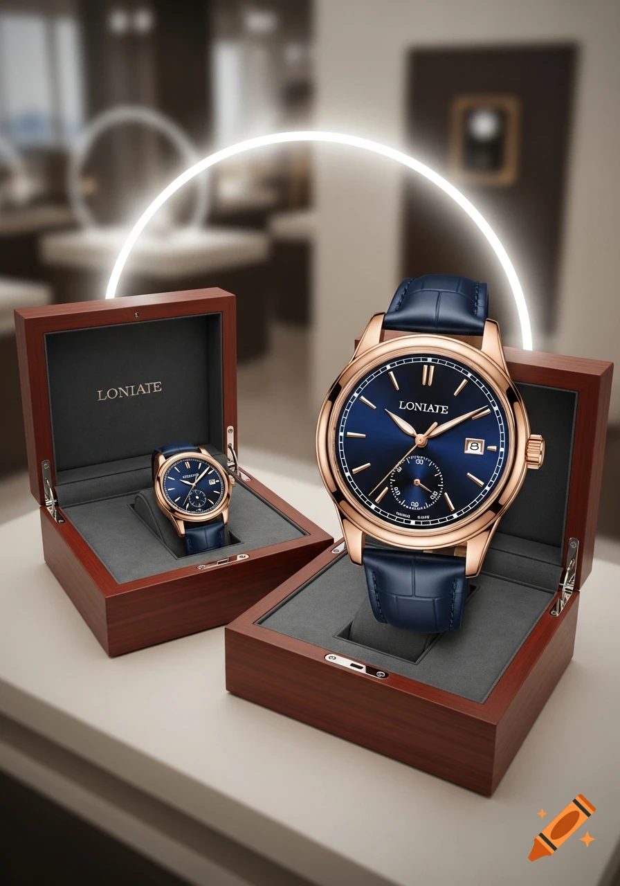 Two luxury watches with blue dials and rose gold cases in open wooden display boxes, on a table. Photorealistic.