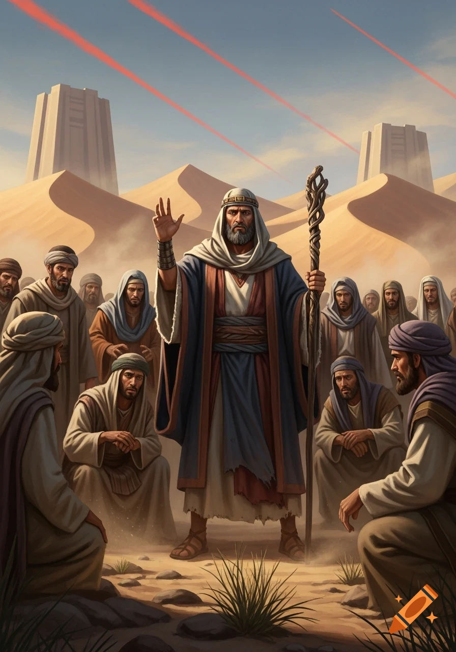 A robed leader with a staff addresses a gathering of men in a desert with sand dunes, ancient towers, and red streaks in the sky.