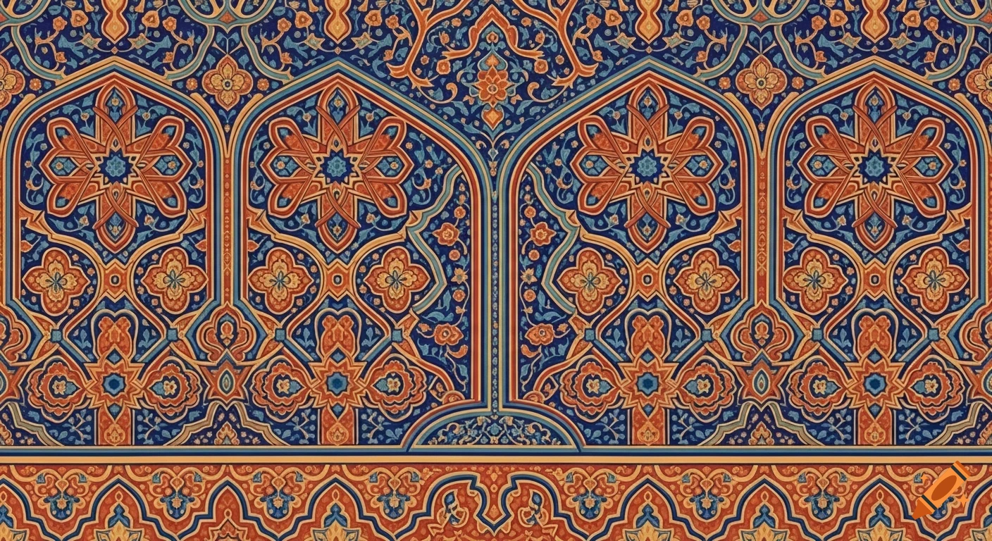 A vibrant, intricate Iranian Islamic pattern in blue, orange, and gold, featuring repeating arched motifs and delicate floral and geometric designs.
