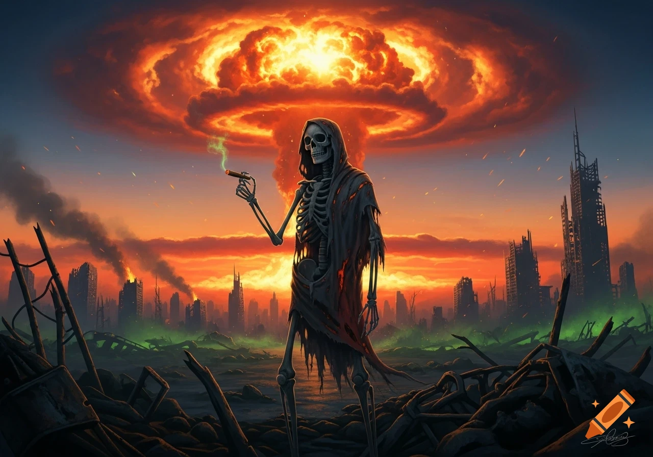 A robed skeleton smokes a cigar in a devastated city landscape under a massive nuclear mushroom cloud at sunset.