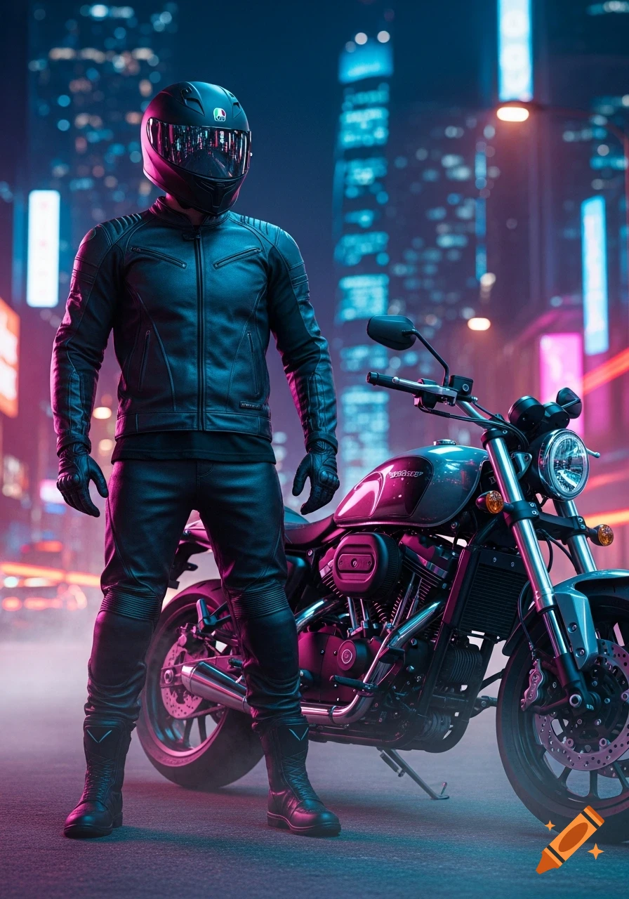 A motorcyclist in a black leather suit and helmet stands next to a bike on a neon-lit city street at night.