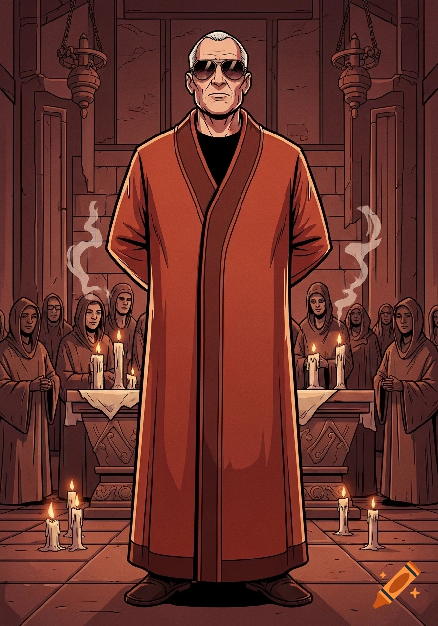 Graphic novel style depiction of an older man in sunglasses and a red robe, leading robed followers in a dimly lit, candlelit ceremonial chamber.