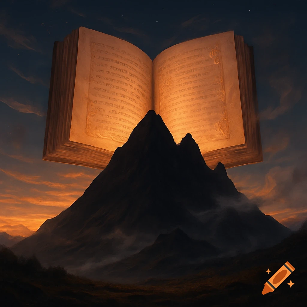 A large, glowing open book floats above a silhouetted mountain range at sunset, casting a warm light.
