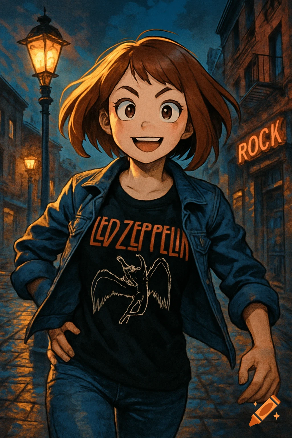 Anime girl Ochako Uraraka in a Led Zeppelin shirt on a city street at night with neon lights.