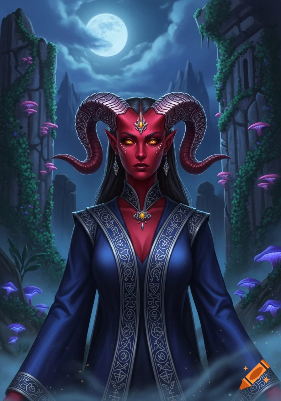 A red-skinned tiefling woman with horns and glowing yellow eyes ...