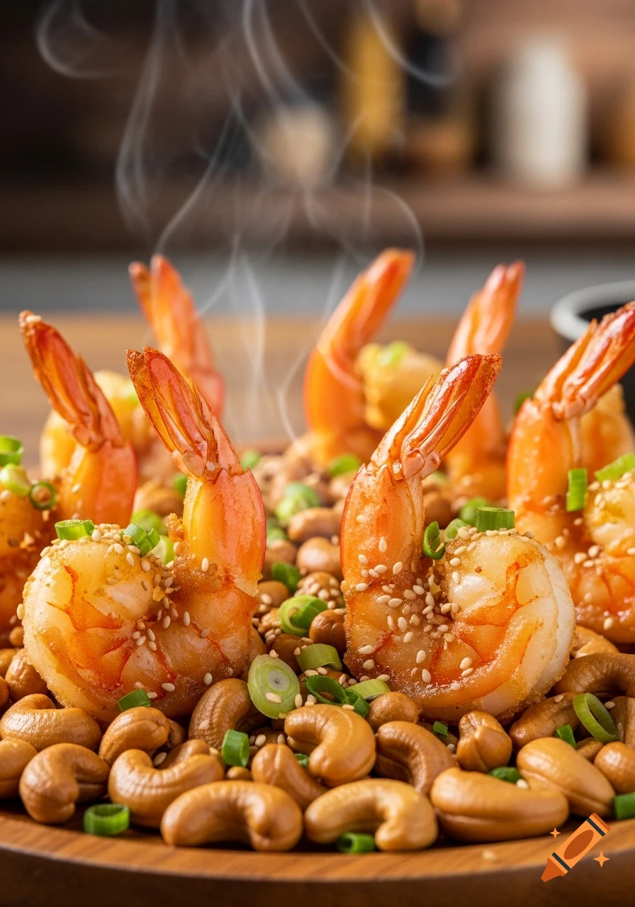 Steaming fried shrimp with cashews and chopped green onions on a wooden surface.