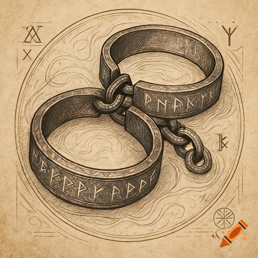 Shackles Drawing Reference Parchment drawing of antique metal shackles with intricate runic ...