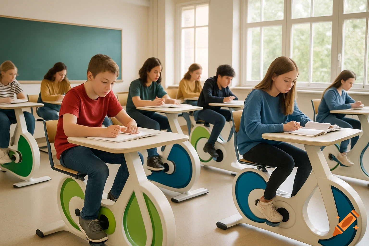 Students are seated at exercise bike desks, studying in a brightly lit classroom.