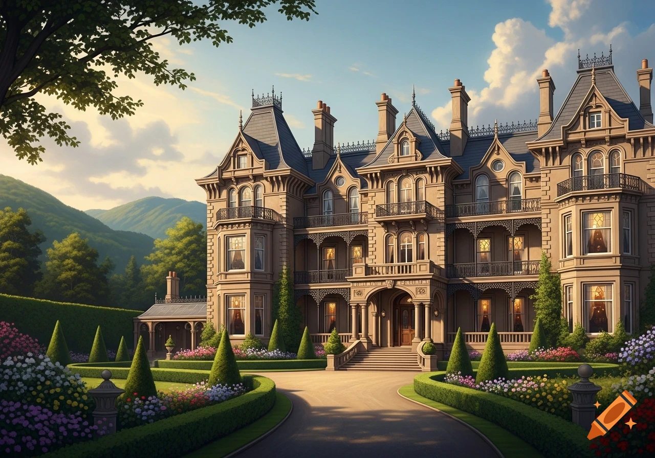 A grand, ornate mansion with a circular driveway, colorful gardens, and green mountains under a cloudy sky.