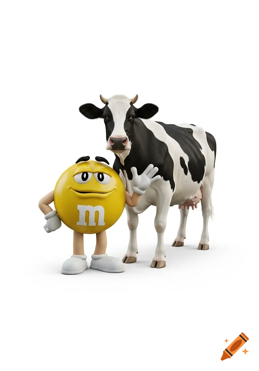 A photorealistic yellow M&M character standing next to a friendly cow on a plain white background.