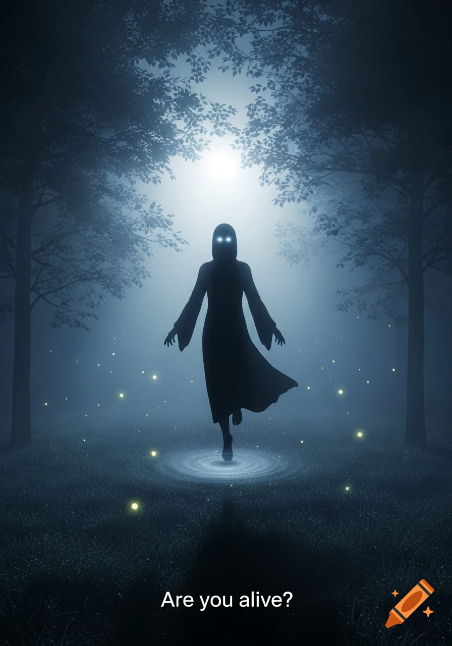 An eerie, cloaked figure with glowing eyes floats in a misty, dark forest with glowing specks, asking "Are you alive?"