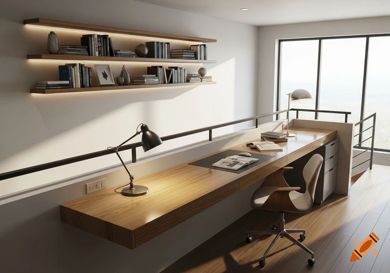 A bright, modern home office with a long wooden desk, ergonomic chair, and illuminated bookshelves on a white wall, overlooking a large window.