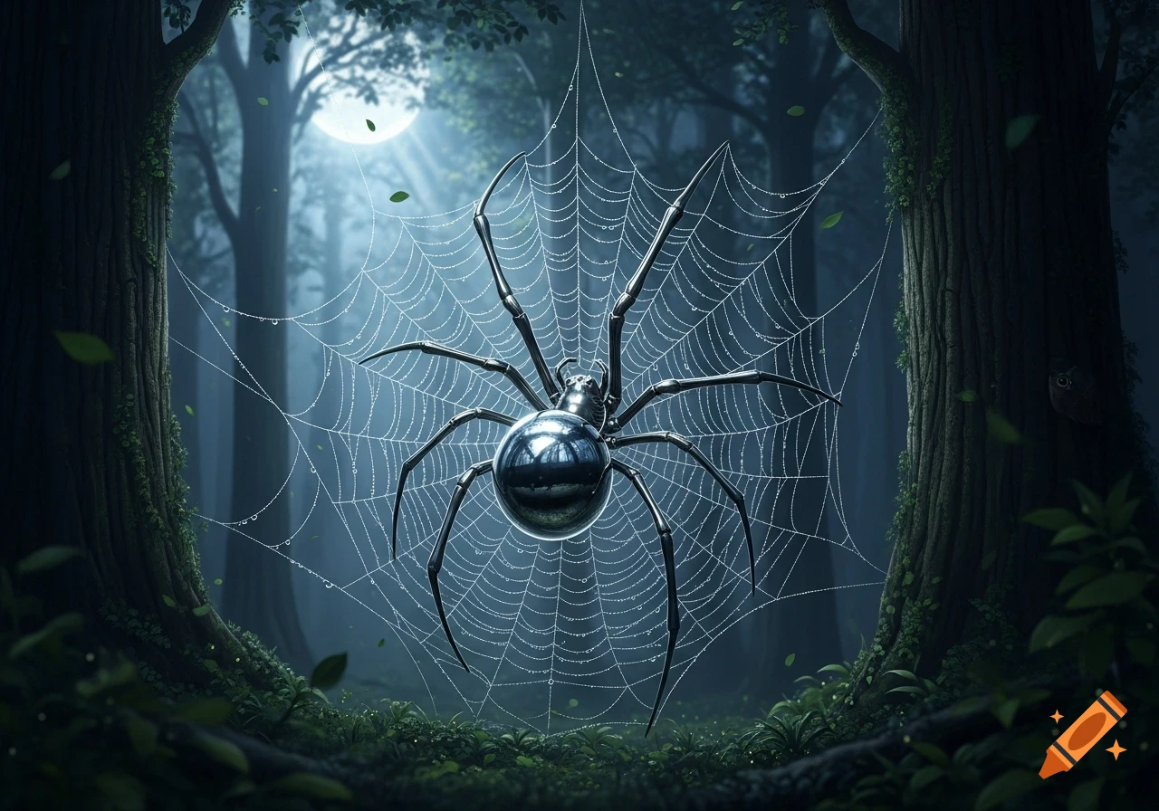 A large, metallic spider with a chrome abdomen on a dew-covered web in a dark, moonlit forest.