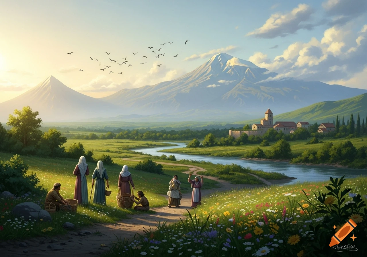 People in traditional clothes gather in a sunlit wildflower meadow beside a winding river, with distant snow-capped mountains and a village. Painterly.
