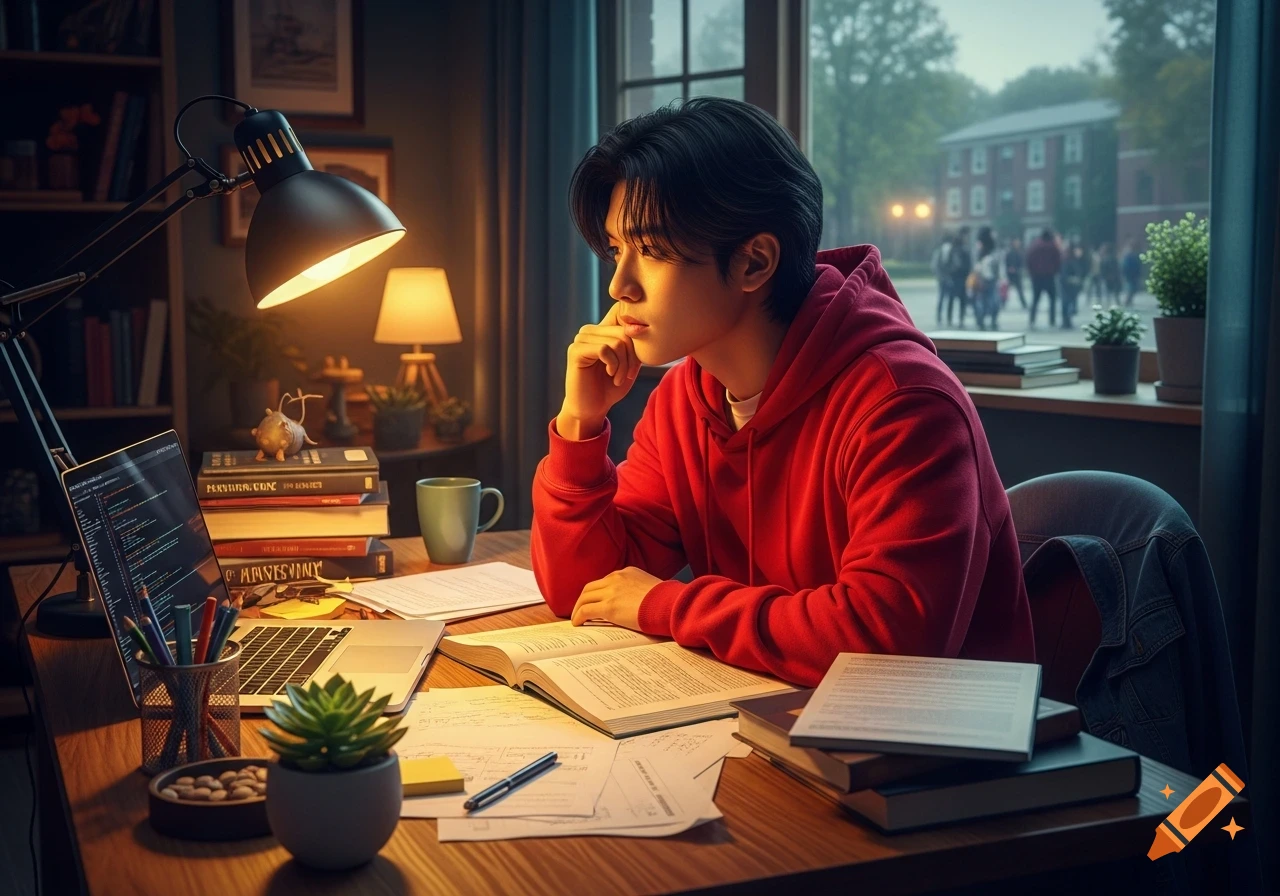 A young Asian student in a red hoodie sits at a desk with a laptop, books, and papers, looking out a window thoughtfully.
