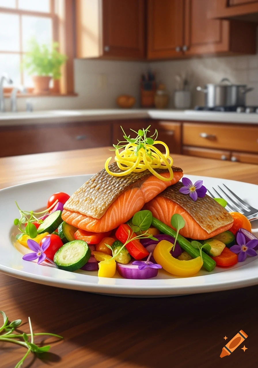 Two salmon fillets on a bed of colorful roasted vegetables and greens, garnished with lemon zest, on a white plate in a sunny kitchen.