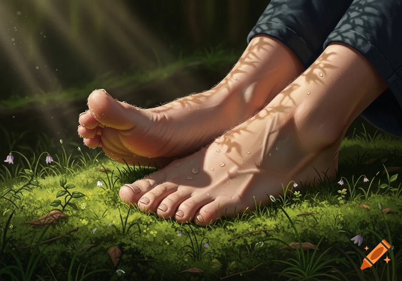 Close-up of bare feet resting on dewy green grass with sunlight filtering through leaves, photorealistic style.