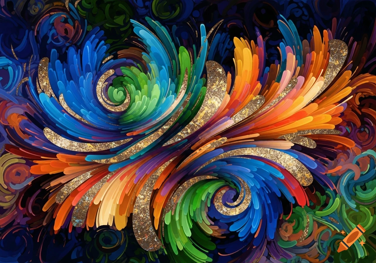A vibrant abstract painting features swirling, colorful brushstrokes in shades of blue, green, orange, and red, accented with shimmering gold glitter against a dark background.